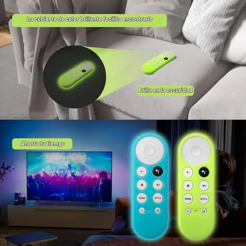 Vista 6 de Paquete de 2 fundas de silicona brillantes para Chromecast Google TV Remote Verde resplandor + azul brillante