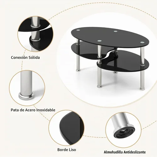 Vista 6 de Giantex Mesa de centro ovalada de vidrio templado transparente de 3 niveles con patas cromadas resistentes, mesa auxiliar de sofá pequeña, mesa