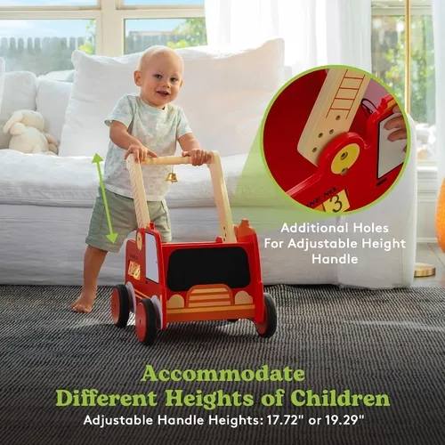 Vista 4 de Andador de madera para bebés con ruedas – Caminador de bebé para niños Camión de bomberos – Andador para bebé niño con asas aparejadas – Altura