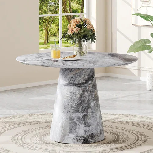 Vista 13 de Mesa de comedor redonda de 45 pulgadas, mesa de comedor redonda con pedestal para 4 One-Piece Round Tabletop, Faux Marble-Look, Stable Pedestal