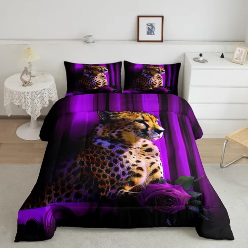 Vista 27 de Erosebridal Juego de ropa de cama de guepardo con rosa azul, juego de edredón con estampado de leopardo y gato, edredón romántico de plumón