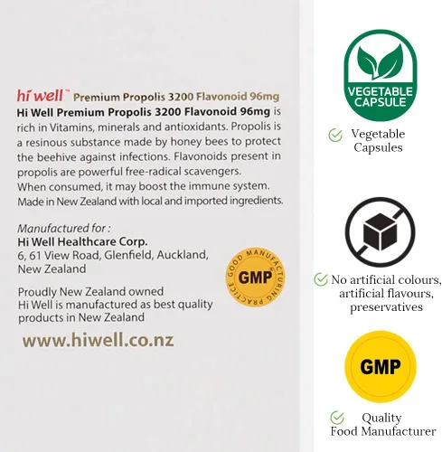 Vista 6 de (3 unidades) Hi Well Premium Propolis 3200 Flavonoid 96mg 250VegeCápsulas