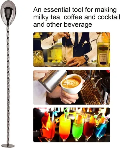Vista 5 de Cuchara agitadora de cóctel, cuchara de acero inoxidable, cuchara de cóctel para bebidas, herramienta de mezcla de café con mango largo (# 9 negro)