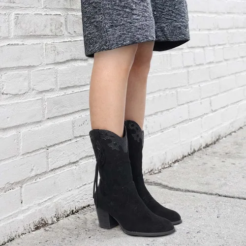 Vista 3 de SHIBEVER Botas vaqueras vaqueras para mujer botas occidentales negras para mujer, tacón alto, gamuza, cremallera, media pantorrilla