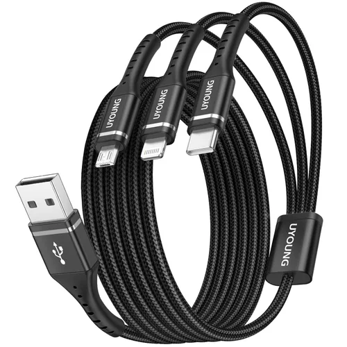 Vista 15 de Cable de carga múltiple corto de 1 pie, paquete de 2 cables de carga 3 en 1, cables universales trenzados para teléfono con conectores