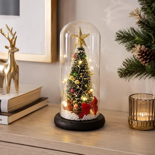 Vista 7 de LUOZZY Árbol de Navidad en cúpula de cristal pequeño árbol de Navidad iluminación escritorio adorno brillante mini árbol de Navidad