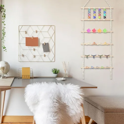 Vista 3 de Geetery Organizador de pinza de pelo de macramé, soporte bohemio para colgar y almacenamiento para mujer, organizador grande para diadema
