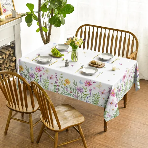 Vista 2 de Horaldaily Mantel de primavera de 52 x 70 pulgadas, diseño de flores silvestres y mariposas florales, lavable, para decoración de fiestas, picnic