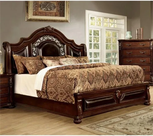 Vista 2 de Furniture of America Eleo - Cama Queen con panel de madera maciza en color cereza marrón