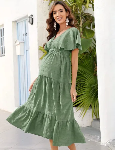 Vista 4 de KOJOOIN Vestido de maternidad para mujer, cuello en V, manga corta, fruncido y escalonado, plisado, vestido midi para sesión de fotos, baby shower