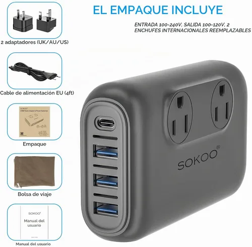 Vista 6 de SOKOO 220v a 110v convertidor de voltaje, adaptador de viaje internacional