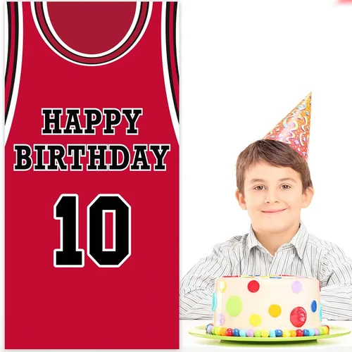Vista 6 de Cartel de feliz cumpleaños 10 pancarta de fondo rojo de baloncesto estrella jugador de deportes decoración para hombre niño 10 cumpleaños
