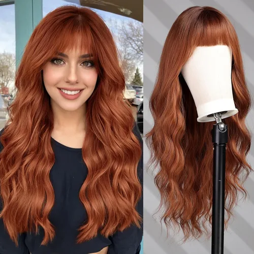 Vista 19 de Pelucas rubias cenizas para mujer, peluca larga recta en capas con flequillo, cabello sintético natural con raíces oscuras