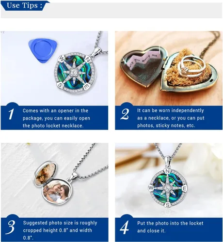 Vista 4 de Eusense Compass Necklace for Women Men Sterling Silver 925 Compass Pendant Picture Locket Holds Ashes Urn Compass Jewelry