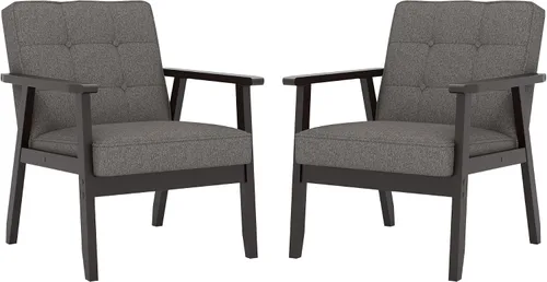 Vista 14 de Silla decorativa moderna con reposabrazos, silla de ocio tapizada de tela de lino con botón de respaldo y marco de madera para sala de estar, Beige