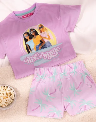 Vista 6 de Barbie Pijama corto para niñas, diseño de muñeca rosa con estampado de levantamiento y brillo, pantalones cortos elásticos para dormir