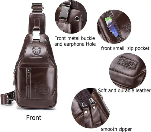 Vista 3 de BULLCAPTAIN Bolso bandolera de cuero genuino con múltiples bolsillos para hombre, bolso cruzado de viaje, mochila de hombro pequeña casual