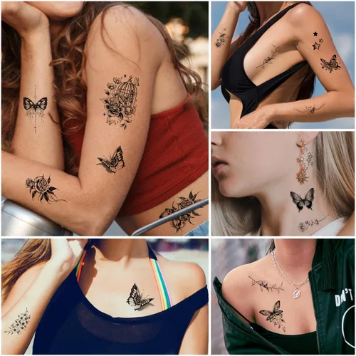 Vista 5 de Cerlaza 20 hojas de tatuajes temporales de mariposa negra para mujeres adultas, 120 estilos de mariposas pequeñas, tatuajes falsos impermeables
