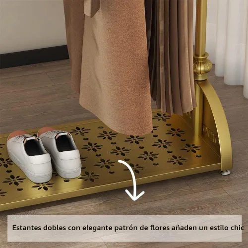 Vista 4 de Perchero de ropa dorado, perchero industrial para colgar ropa con estantes dobles independiente, multifuncional, resistente, perchero de metal móvil
