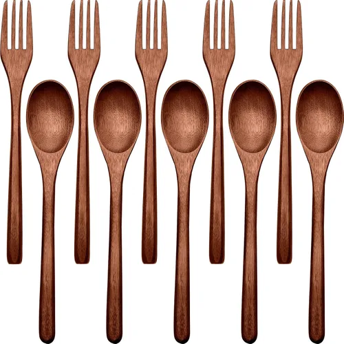 Vista 8 de Patelai Juego de 6 cucharas de madera, tenedores, utensilios de madera para comer de madera, juego de cubiertos reutilizables, cubiertos naturales