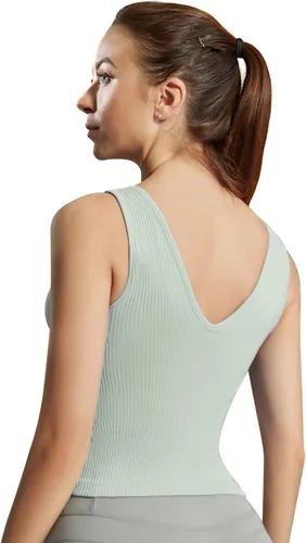 Vista 3 de AMRIY Camiseta corta de entrenamiento para mujer con sujetadores deportivos integrados, sin costuras, para gimnasio, yoga