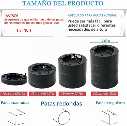 Vista 3 de Elevadores de cama ajustables para muebles, elevadores resistentes, altura de 2 pulgadas
