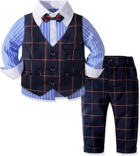 Vista 2 de Trajes formales para niños, conjuntos de ropa para niños, 4 piezas, camisas + chaleco + pantalones + pajarita, trajes de esmoquin para niños de 2 a