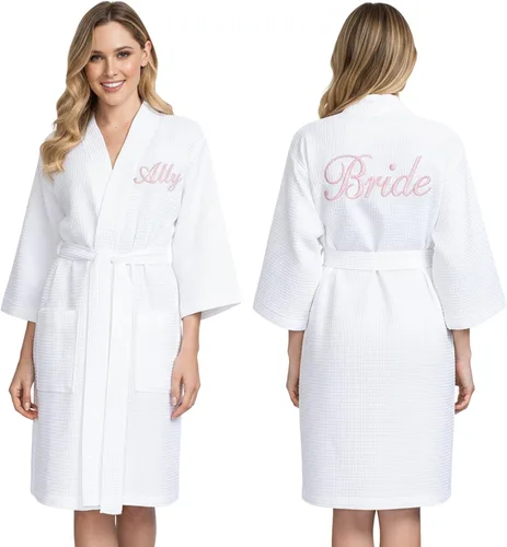 Vista 10 de Lotus Linen Women’s Lightweight Waffle Spa Robes – Soft Cotton Knee Length Bathrobe, Personalized Bridesmaids Robe Negro