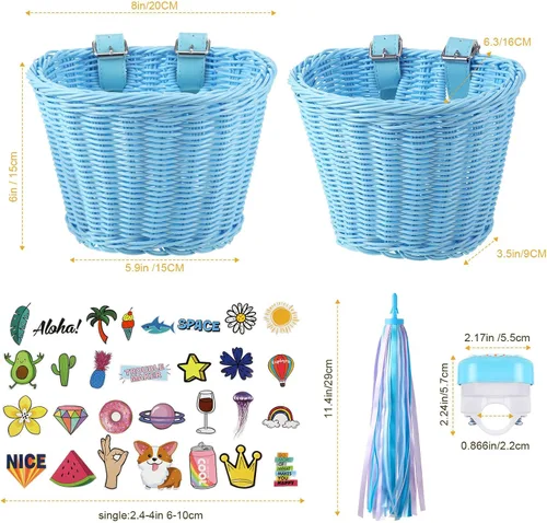 Vista 3 de Set de serpentinas para cesta de bicicleta para niños, cesta de mimbre para manillar de bicicleta con serpentinas de bicicleta coloridas, campana