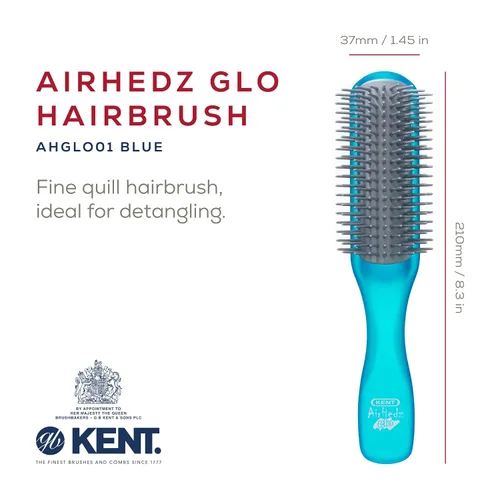 Vista 2 de Kent AHGLO01 Airhedz Glo Blue Cepillo de pelo desenredante estrecho medio redondo – 9 filas iónico antiestático no rayado largo cerdas de nailon