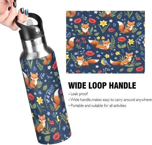 Vista 4 de Insulated Water Bottle 32 Oz, Leakproof Water Bottles for Gym Outdoor Travel School, Cute Foxes Colorful Flowers