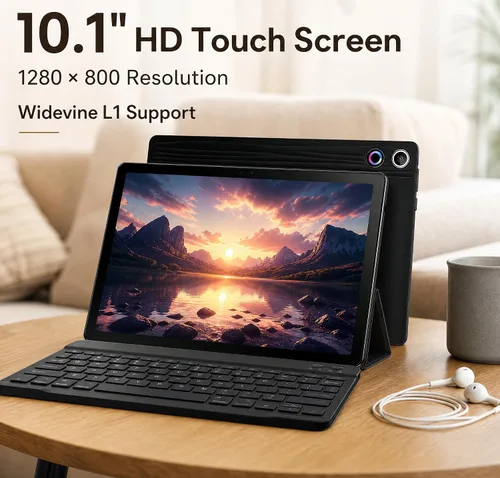 Vista 13 de Jeazans Tablet Android 16 de 10.1 pulgadas, paquete de tableta 2 en 1 con teclado, mouse inalámbrico, lápiz capacitivo, funda de cuero, cámara