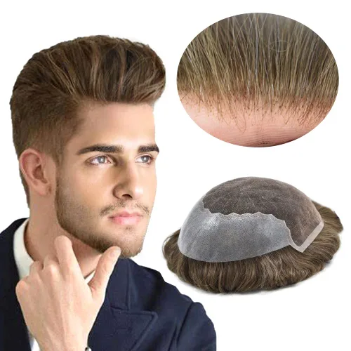 Vista 7 de Pieza de cabello para hombres suizo frente encaje frontal tupé europeo Remy sistema de reemplazo de cabello humano nudo blanqueado línea capilar