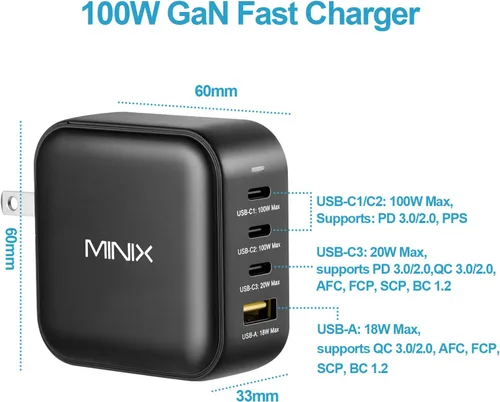 Vista 2 de MINIX P3 100W Turbo 4-Port GaN cargador de pared de viaje USB C PD