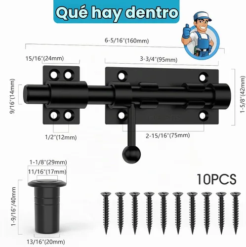 Vista 6 de Cierre de puerta de perno deslizante, hardware de pestillo de perno de barril, cerradura de 16 cm de acero inoxidable 304 resistente y sólida con 2