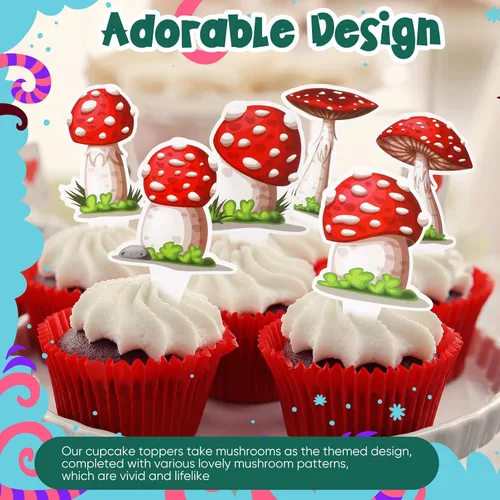 Vista 4 de Didaey 48 piezas de decoración de hongos para cupcakes para fiesta de cumpleaños de hongos, suministros de decoración de pastel de fiesta del país