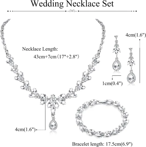 Vista 2 de FIASASO Juego de collar y aretes colgantes para mujer, dama de honor, joyería de cristal para novia, boda, compromiso, fiesta, baile de graduación