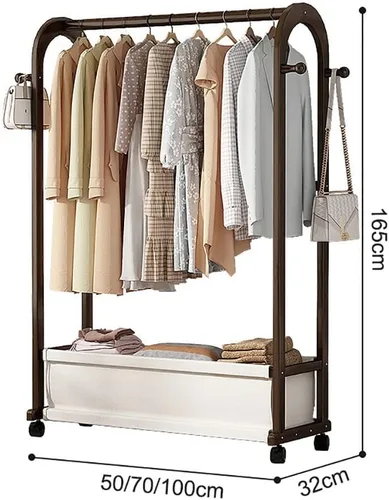 Vista 5 de Riel de ropa resistente con ruedas y cubierta contra el polvo, perchero de bambú con estantes, para dormitorio y hogar