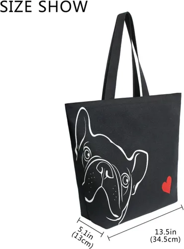 Vista 6 de ALAZA - Linda bolsa de lona grande con diseño de bulldog pug negro francés, reutilizable, para compras, con asas, resistente, lavable Multi 13