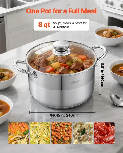 Vista 5 de VEVOR Olla de acero inoxidable, olla de acero inoxidable de 8 cuartos con tapa de vidrio, sin PFOA, sin PFAS, compatible con estufas de gas, cocinas