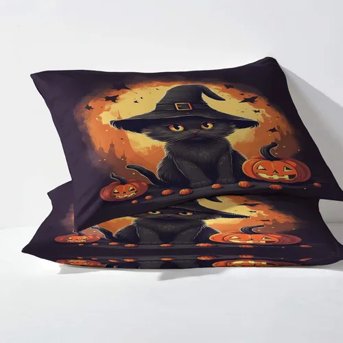 Vista 3 de Sábanas de Halloween tamaño individual, sábanas de calabaza de gato negro, juego de sábanas y fundas de almohada de 3 piezas, sábana bajera