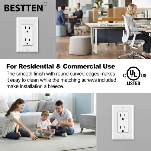 Vista 4 de BESTTEN Paquete de 20 tomas de corriente decoradora de pared de 15 amperios, no resistente a manipulaciones, placa de pared incluida