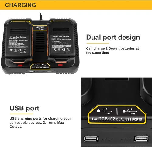 Vista 6 de Futurebatt DCB102 Cargador de repuesto para Dewalt 12V 20V 60V Max Dual Fast Charger Station Cargador de batería DCB203 DCB204 DCB205 DCB206 DCB201