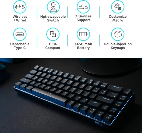 Vista 2 de RK ROYAL KLUDGE RK68 Teclado mecánico inalámbrico intercambiable en caliente al 65%, teclado compacto Bluetooth para juegos con flecha