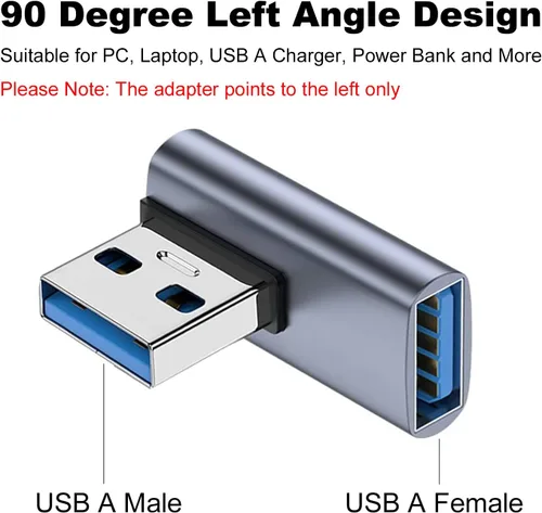 Vista 2 de AreMe - Adaptador USB 3.1 de 90 grados, 2 unidades, ángulo izquierdo Extensor convertidor USB A macho a hembra para PC, portátil, cargador USB A