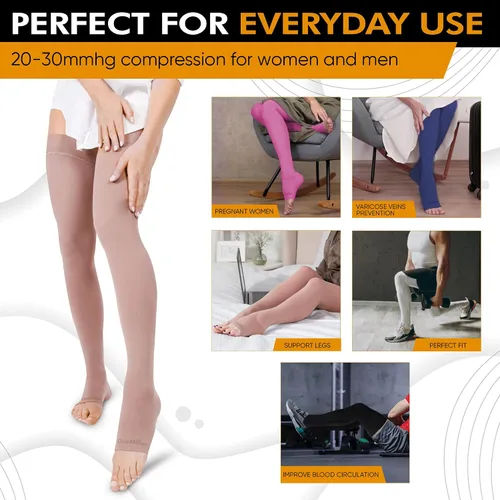 Vista 2 de Doc Miller Thigh High Compression Socks 20-30mmHg Open Toe, Varicose Veins, Calf, Leg & Ankle Support, Pregnancy & Maternity Stockings, Small to