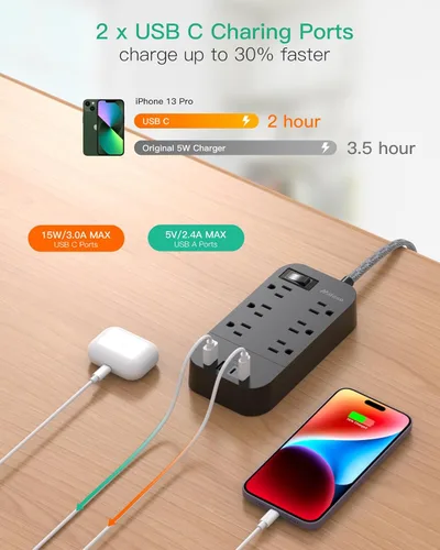 Vista 2 de Regleta de alimentación - Cable de extensión de enchufe plano de 10 pies de largo, 6 tomas, 4 puertos USB (2 USB C), extensor de toma, montaje