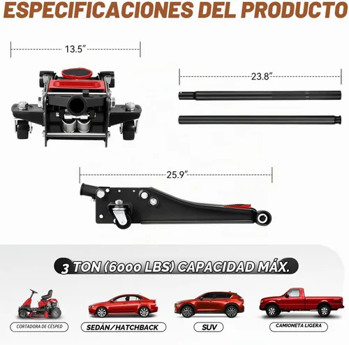 Vista 6 de Auto Dynasty Gato de piso de perfil bajo de 3 toneladas, gato hidráulico de acero resistente para automóvil con bomba de elevación rápida de Negro