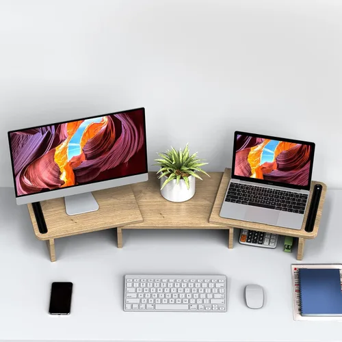 Vista 6 de Zimilar Soporte elevador de monitor doble, soporte para monitor con longitud y ángulo ajustables, soporte de monitor de madera para escritorio