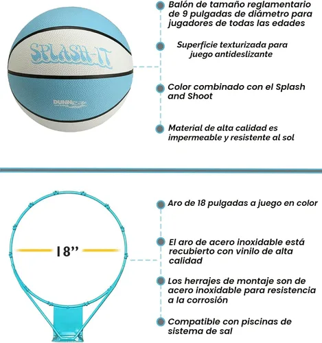 Vista 10 de Dunn-Rite Splash & Shoot, aro de baloncesto ajustable para piscina al aire libre con altura variable, pelota, base y borde de acero inoxidable de 18